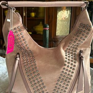 Pink Studded Hobo Bag with Suede Finish